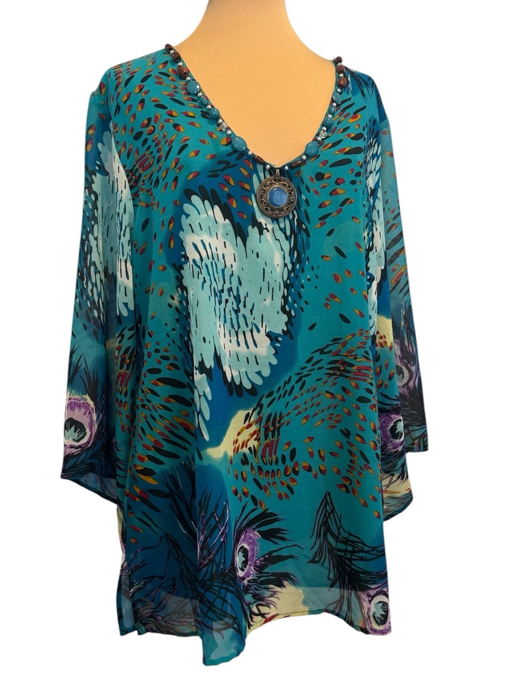 Metro Teal Peacock-Print V-Neck Tunic with Pendant